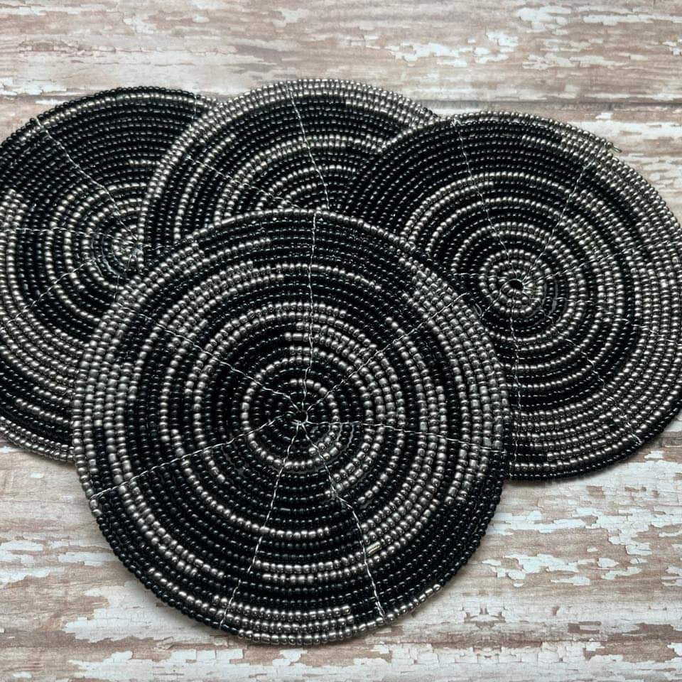 Beaded Coasters - Black & Silver(Set of 4)