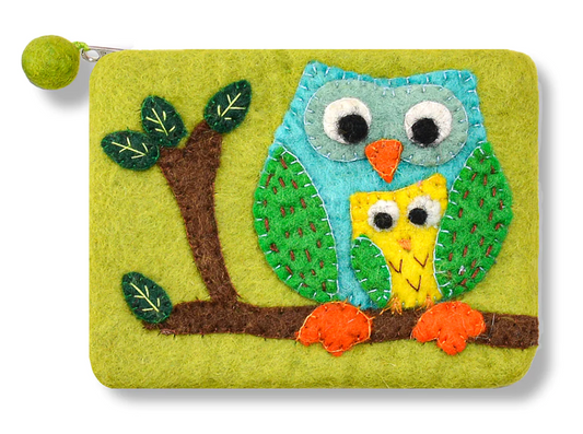 Coin Purse - Felted Green Owl in a Tree from Nepal